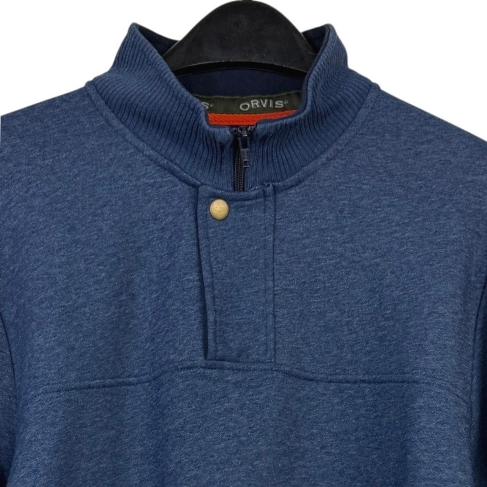 Orvis Quarter Zip Pullover Mens L Cotton Fleece Blend‎ Snap Mock Neck Blue 1/4